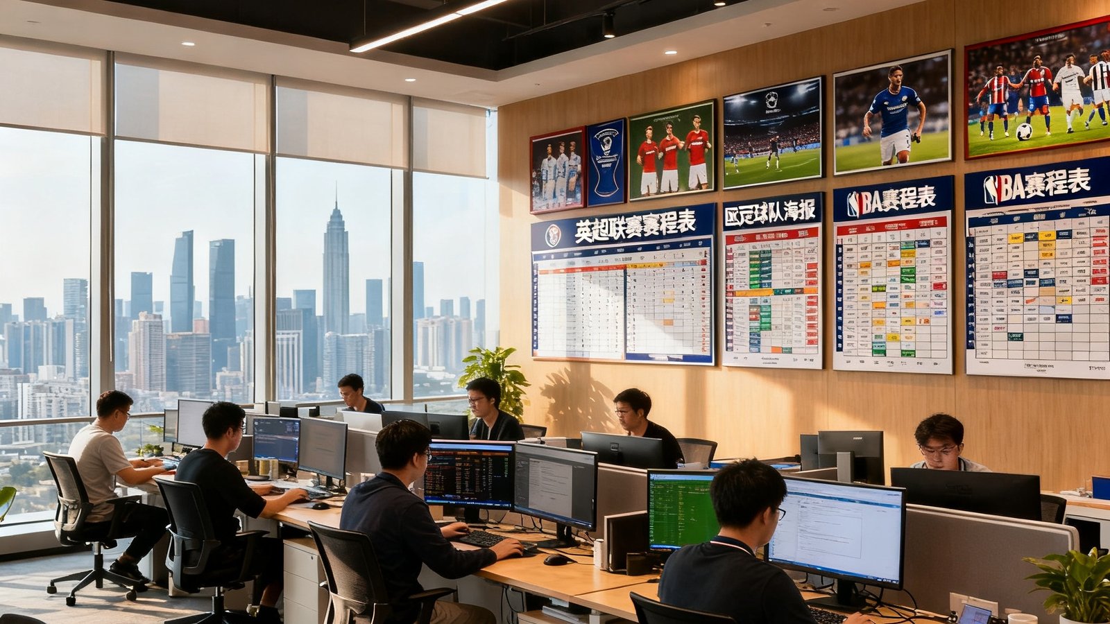 开云体育广州总部办公室实景拍摄，开放式工位上数据分析师和编辑们专注工作，墙上挂满了各大联赛的赛程表和球队海报，落地窗外是城市天际线